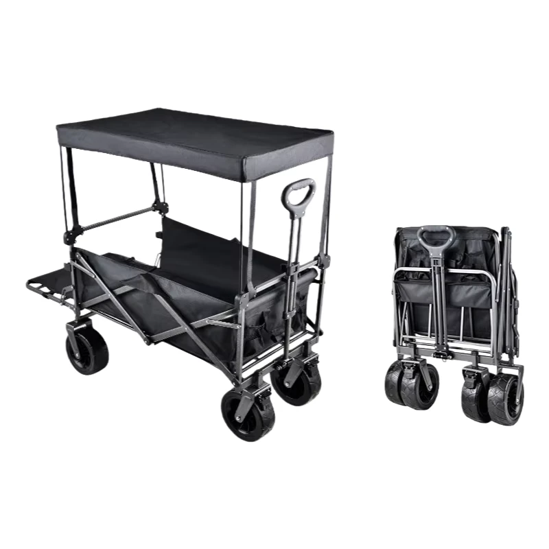 Outdoor Camping Shopping Four Wheel Metal Platform Foldable Picnic Garden Trailer Rear Opening Tow Trolley with Table Board