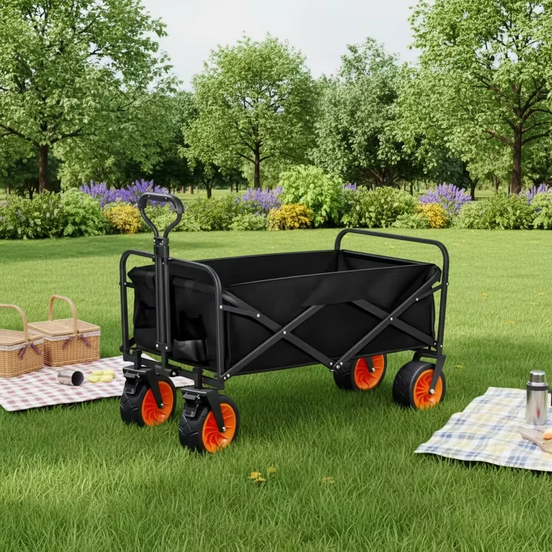 Outdoor Camping Stainless Steel Foldable Four Wheel Trolley Shopping Cart Storage 150kg Load Capacity Tank Wheels Oxford