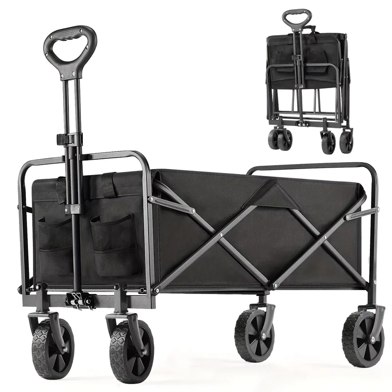 Outdoor Foldable Carbon Steel Utility Cart for Hiking Camping Shopping Beach Use Collapsible Trolley with Four Wheel Design