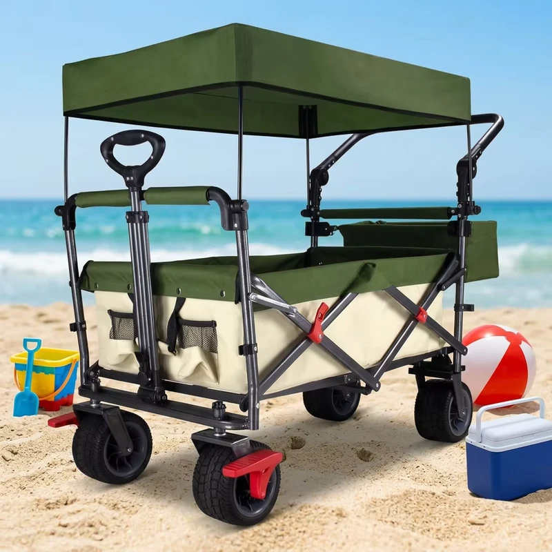 Outdoor Foldable Four Wheel Utility Wagon Garden Cart with Removable Canopy for Beach Picnic Camping OEM