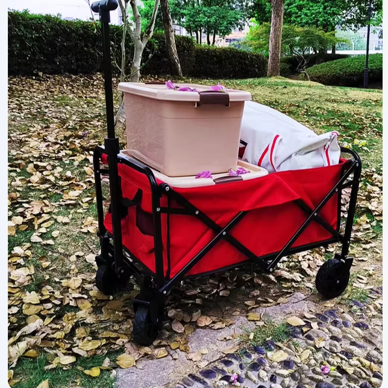 Outdoor Foldable Red Camping Wagon Cart Portable Collapsible Shopping Cart Adjustable Trolley for Children Picnic Beach