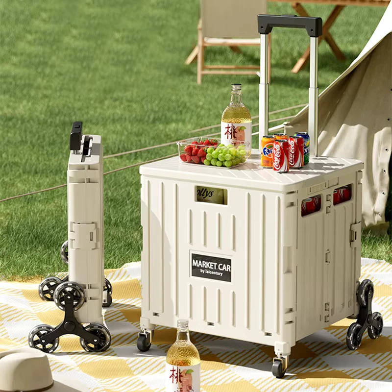 Outdoor Foldable Rolling Crate Portable Supermarket Utility Shopping Carts Collapsible Hand Trolley Standing Plastic
