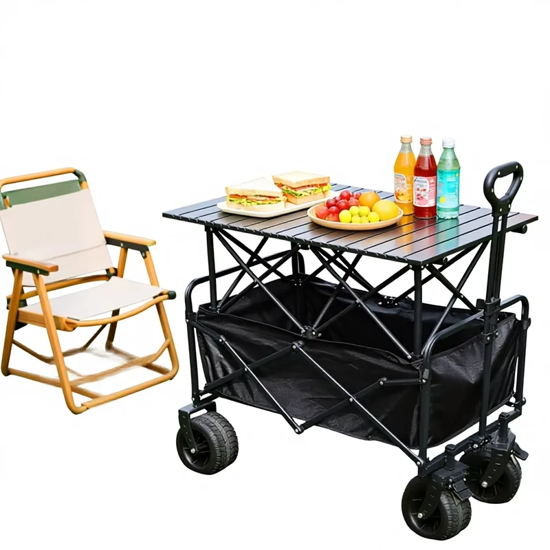 Outdoor Folding Camper Cart Adjustable Height Stall Table Portable Camping Cart Metal Frame Telescopic Handle