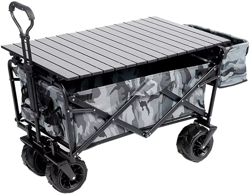 Outdoor Folding Utility Wagon Outdoor Garden Utility Trolley Heavy Duty Folding Wagon Cart with Table Top and Storage Basket