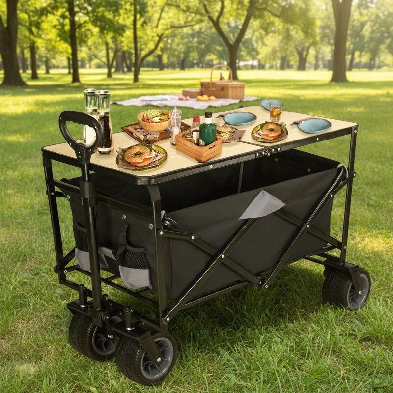 Outdoor Folding Wagon with Integrated Table Camping Picnic Utility Cart