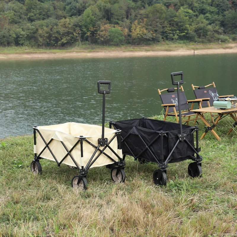 Outdoor Picnic Camping Cart Portable Folding Collapsible Trolley Grocery Shopping Cargo Hauling Stall Setting Black Beige