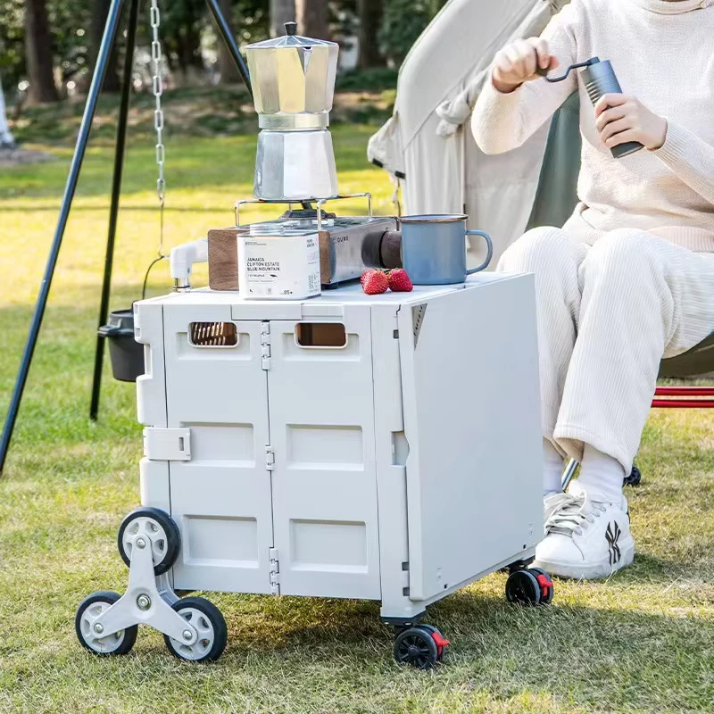 Outdoor Portable Folding Camping Cart Multifunctional Picnic Wagon With Table Plate Storage Pull Cart