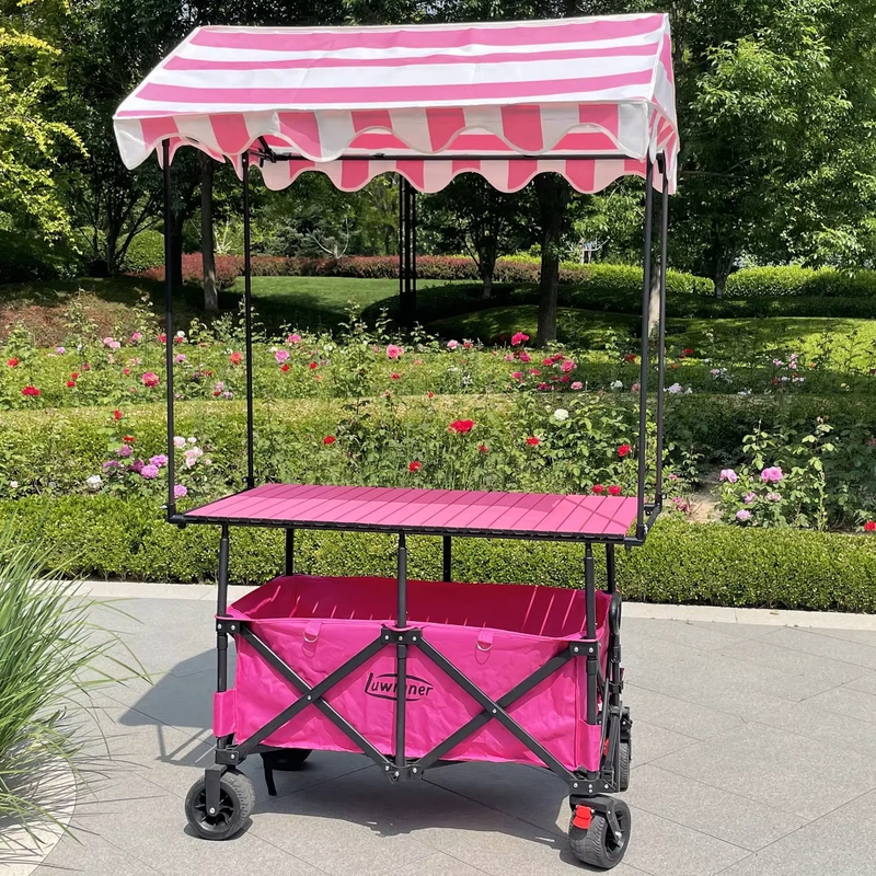 Outdoor Steady Adjustable Folding Snack Cart Stall Cart Picnic Camping Cart with Sunshade