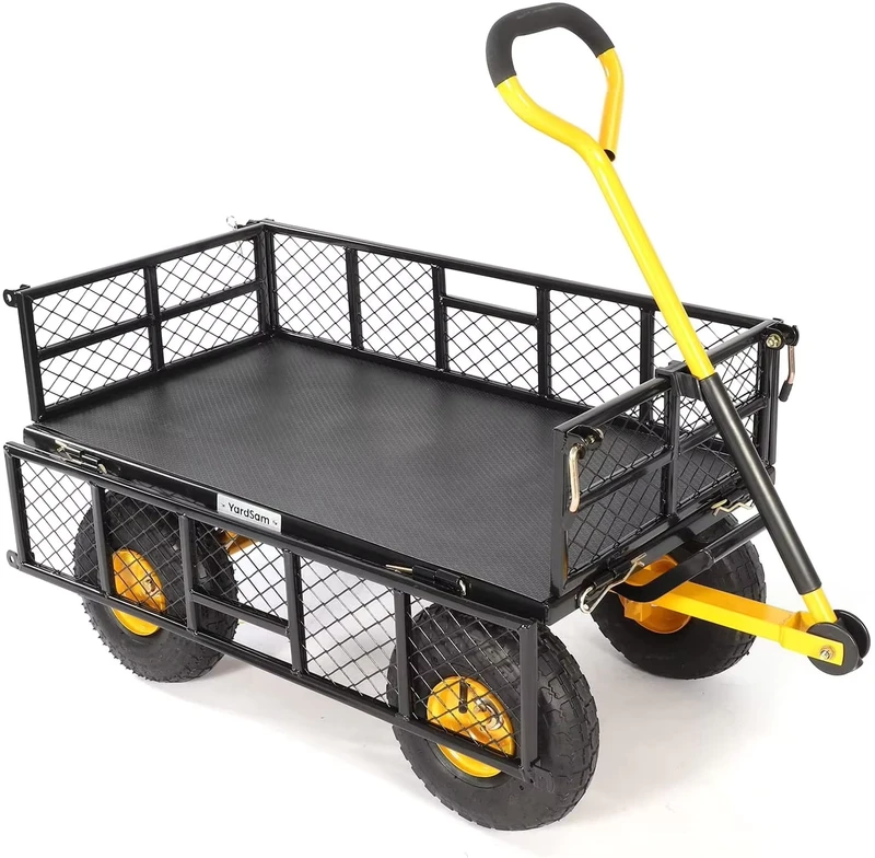 Outdoor Trolley 4 Wheeled Utility Steel Garden Cart Heavy Duty Mesh Garden Wagon