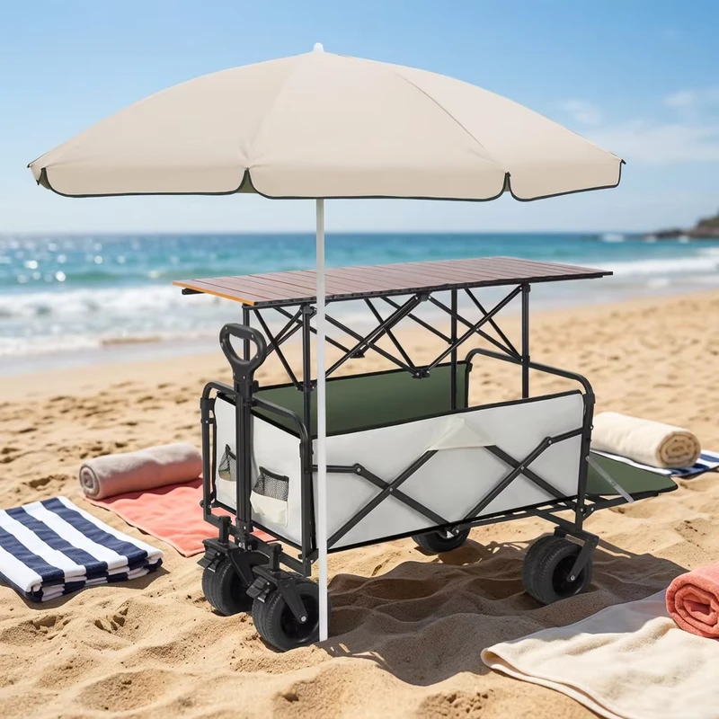 Outdoor Wagon Cart Foldable Metal Food Display Stand with Canopy Trolley for Market Events Camping Cart Beach Cart