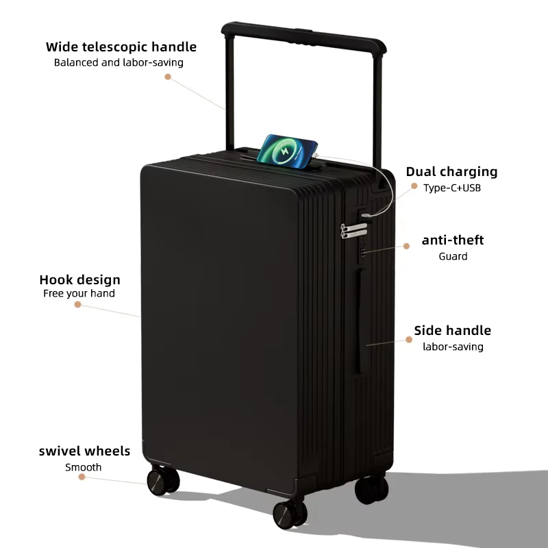PC Electronic Texture Carry-On Suitcase Aluminum Rod Silent Spinner Wheels Double Explosion-Proof Zipper Trolley Bag
