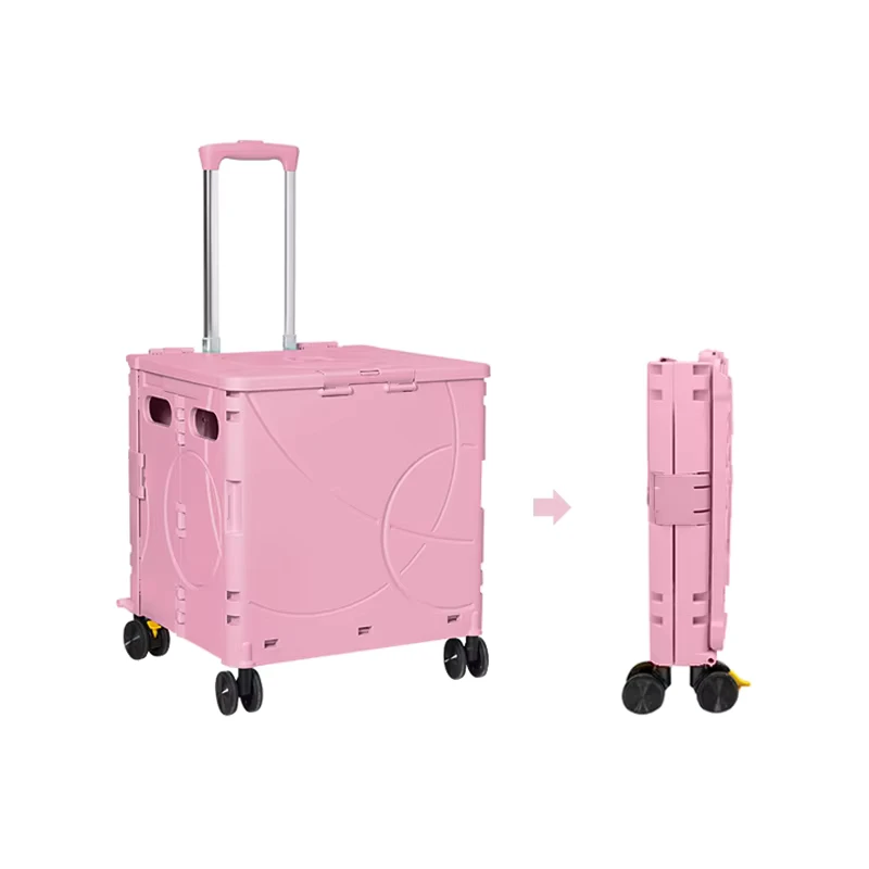 PP Foldable Shopping Cart 4 Wheels Trolley Cart with Large Capacity 48L Lightweight Rolling Collapsible Supermarket Cart