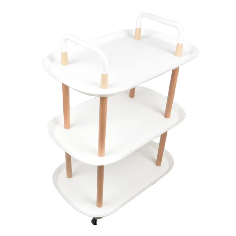 PP Solid 3 Tier Wood Hull Form Rolling Storage Furniture Rack Living Room Trolley Home Organizer Kitchen Utility Cart