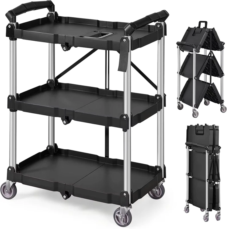 Peaktop Foldable Utility Service Cart 165LBS 3 Shelf Heavy Duty Plastic Rolling Cart