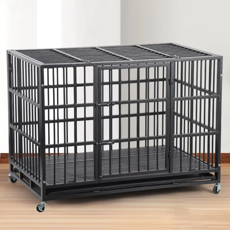 Pet Supplies Foldable Oval Iron Pipe Dog Cage 48 Inch Stackable Transport Dog Kennel Cage With Wheel