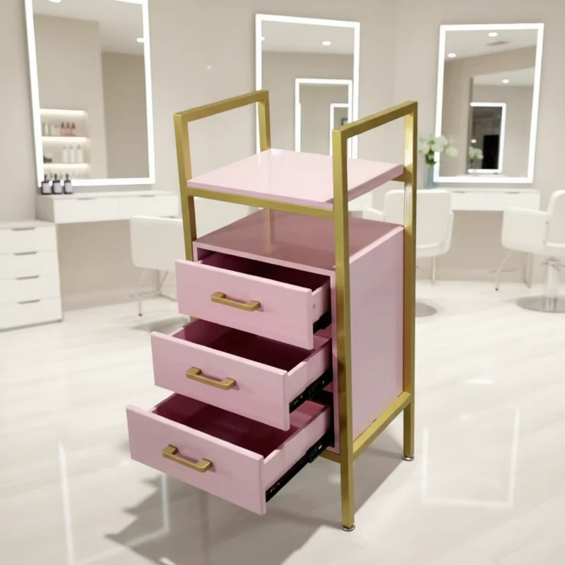 Pink Beauty Spa Hair Salon Gold Drawers Salon Trolley Cart with Wheels