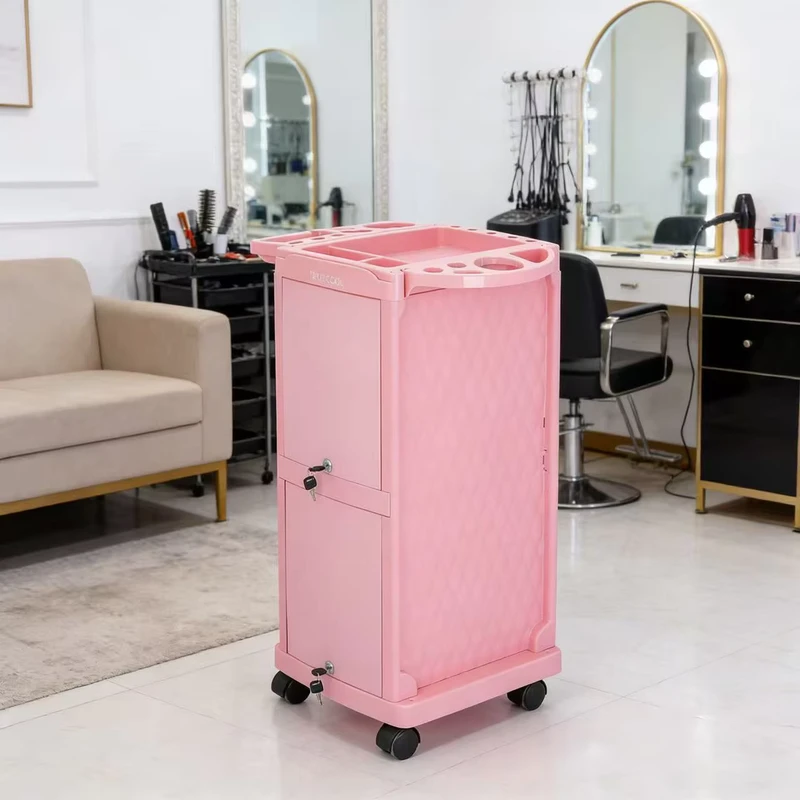 Pink Salon Trolley Cart with 4 Lockable Drawers Rolling Beauty Cart with 360° Swivel Wheels for Hair Salon