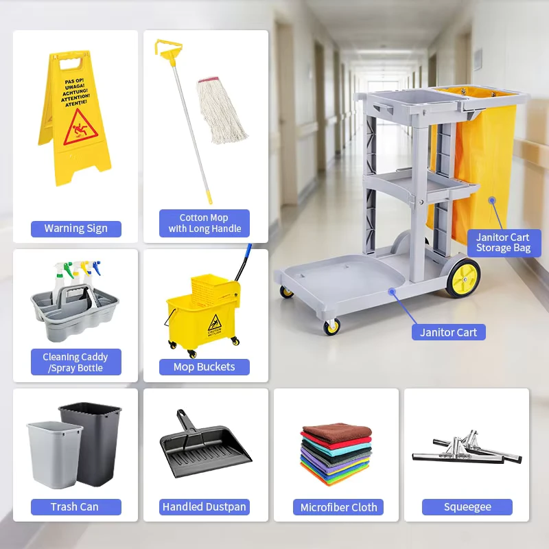 Plastic Cleaning Service Set Cart Hotel Mall Janitorial Trolley With Handle for Supermarket Office Building Sanitation Work