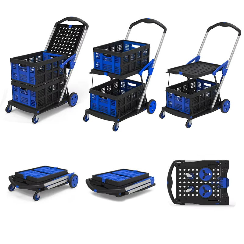 Plastic Double Decker Shopping Cart Aluminum Trolley Cart Two Tier Shopping Cart