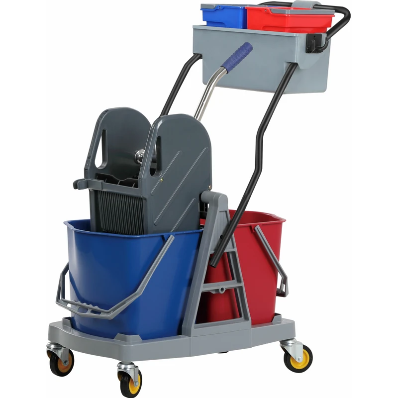 Plastic Down Press Mop Wringer Trolley Floor Cleaning Cart Janitorial Double Bucket Mop Wringer Trolley for Commercial Cleaning
