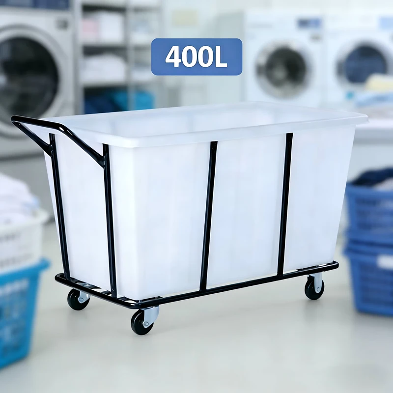 Plastic FRP Laundry Cart Trolley 240KG 400L Capacity Blue White for Industrial Hotel Hospital Linen Heavy Duty Storage