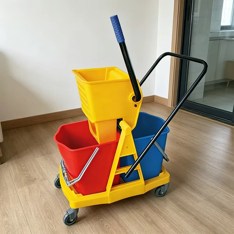 Plastic Floor Cleaning Mop Squeeze Wringer Side Press Double Wringer Trolley with Metal Pusher 4 Wheel 150 lb Capacity