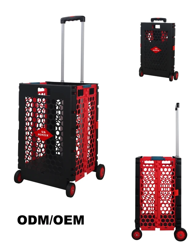 Plastic Folding Shopping Cart Trolley Personal with 4 Wheels Mesh Trolley Hand Push Hollow out Shopping Cart Large Capacity