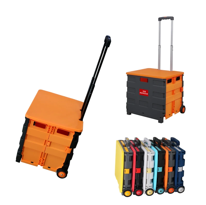 Plastic Folding Shopping Trolley With Wheels Collapsible Rolling Crate Telescope Handle Hand Trolley Personal Facility 45L BOOT