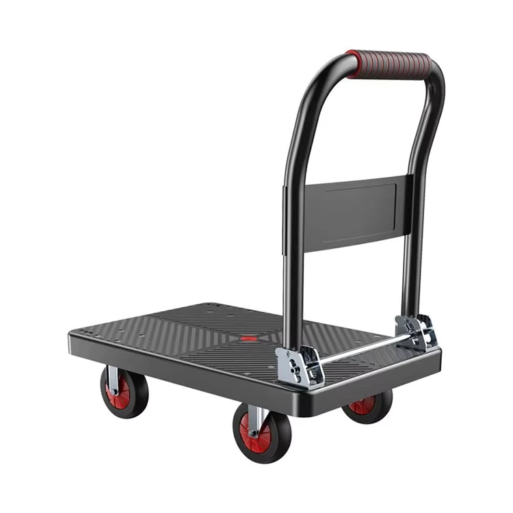 Plastic Four Wheel Mute Shopping Trolley Portable Warehouse Trailer Handling Platform Trolley with Foldable Design