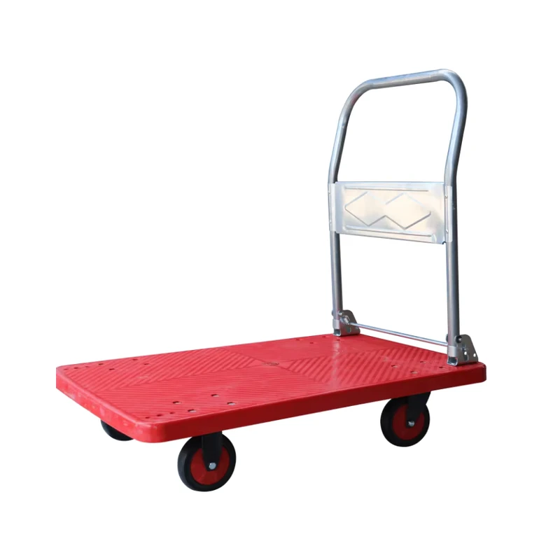 Plastic Four Wheel Platform Hand Trolley with Metal Frame Industrial Plastic Metal Warehouse Trailer Trolley