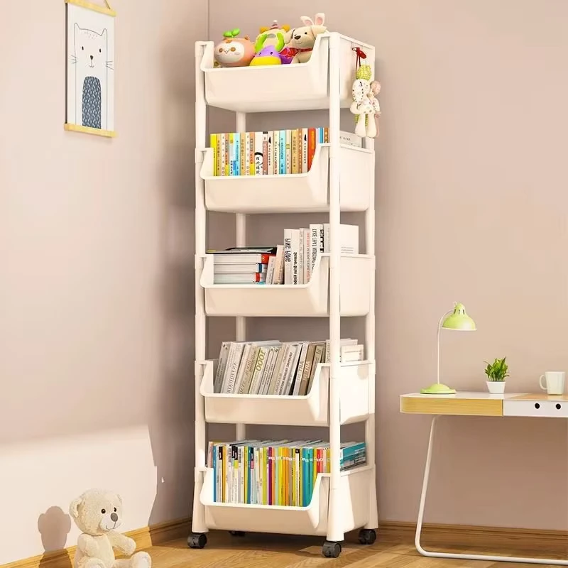 Plastic Movable 5 Shelf Bookshelf Home Furniture for Household Children’s Toy Trolley with Minimalist Modern Design