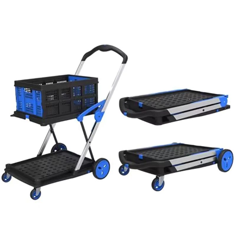 Plastic Multi function Shopping Trolleys Carts Two Tier Foldable Platform Trolley