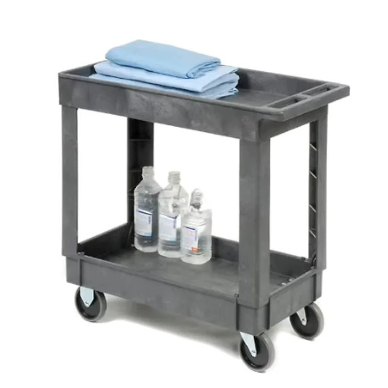 Plastic Platform Moving Rolling Service Cart 2 Tier Utility Cart with 4 Wheels for Cleaning