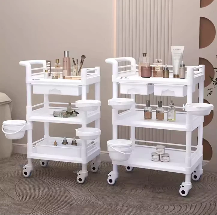 Plastic Salon Trolley with 3 Layer Design 360 Degree Rotation Two Washbasins for Hotel & Gym Beauty Salons