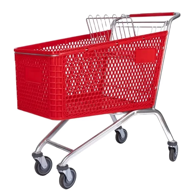 Plastic Shopping Carts Metal Base Supermarket Trolley Recycled Plastic Hand Cart 180L
