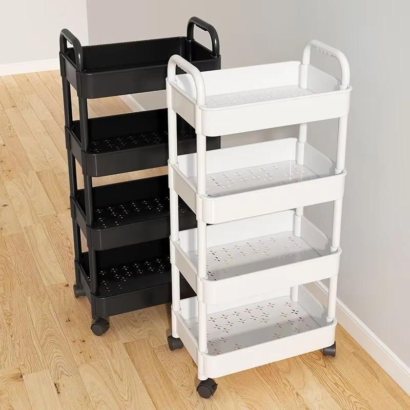 Plastic Wheel Small Trolley Food Storage Rack Living Room Floor Standing Movable Multi layer 5 tier Japanese Style Household