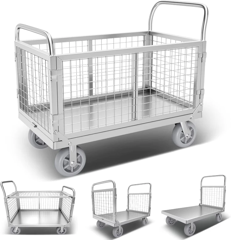 Platform Truck Cart with Cage 6 in1 Foldable Flatbed Cart Heavy Duty Push Cart Dolly with 2000lbs Capacity Utility Hand Cart