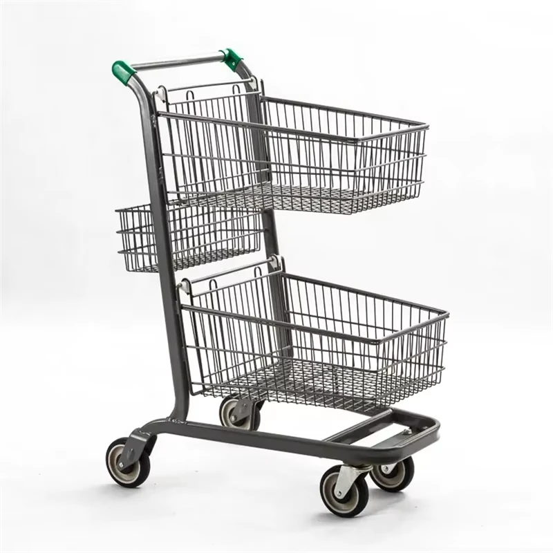 Popular Factory Supermarket Trolley Double Basket Shopping Cart Customized Design for Sale