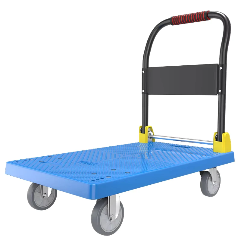 Portable 200kg Foldable Plastic Hand Trolley Cart Solid TPR Four Wheel Small Warehouse Truck Platform Structure Tool
