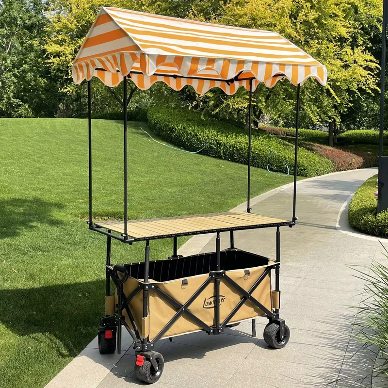 Portable 4 Position Height Adjustable Heavy Duty Folding Wagon with Canopy as Vendor’s Cart for Shopping