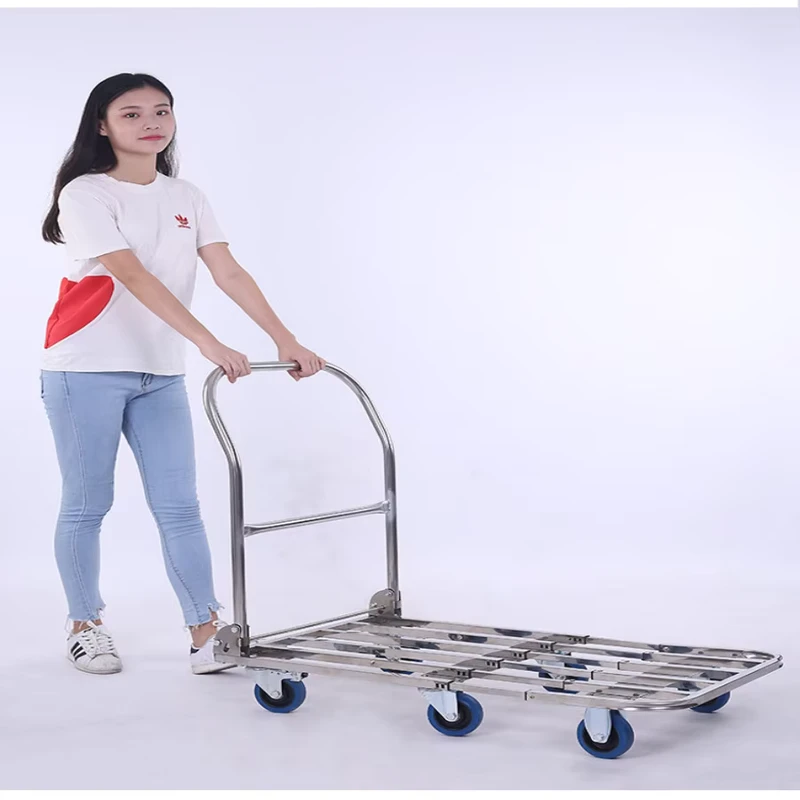 Portable 6 Wheel Folding Cart Stainless Steel Large Flatbed Handcart Trolley Hand Truck for Moving Hauling with Brake