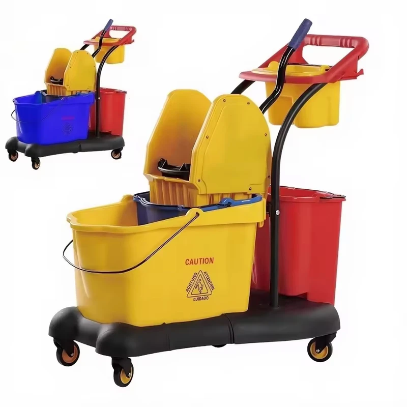 Portable 81L Double Barrel Squeeze Water Plastic Trolley Mobile Mop Wringer Cart with Press Feature 4 Wheels 300 lb Capacity