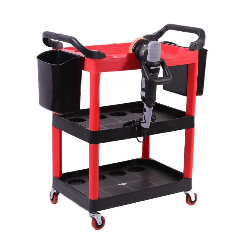 Portable Automatic Car Wash Detailing Trolley Multifunction Plastic Rolling Detailing Tool Cart with Bucket and Peg Board