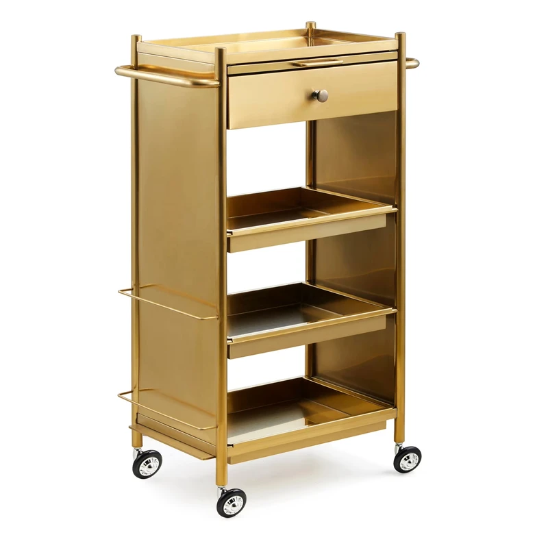 Portable Barber Shop Tool Cabinet Hot Dyeing Trolley Golden Stainless Steel Material Strong Beauty Salon Furniture