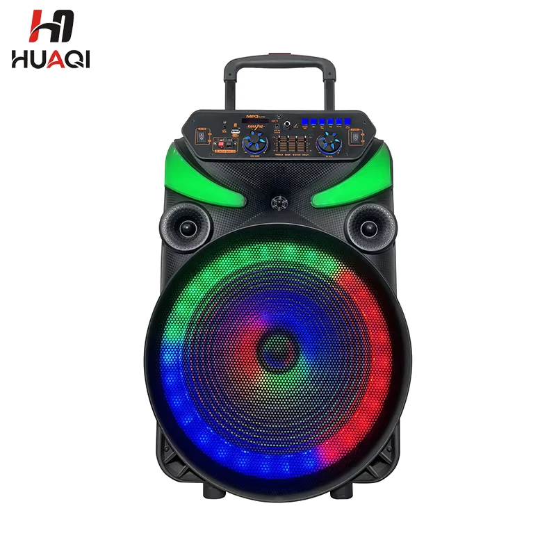 Portable Battery Powered Speaker 15 Inch RGB LED Lighting USB AUX Support 50 100W Output Wireless Microphone