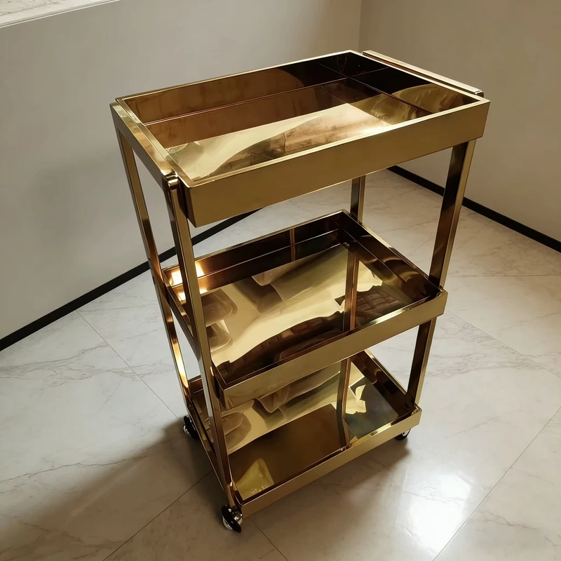 Portable Beauty Salon Trolley Gold Hair Dye Perm Tool Cart Multifunctional Mobile Storage Unit
