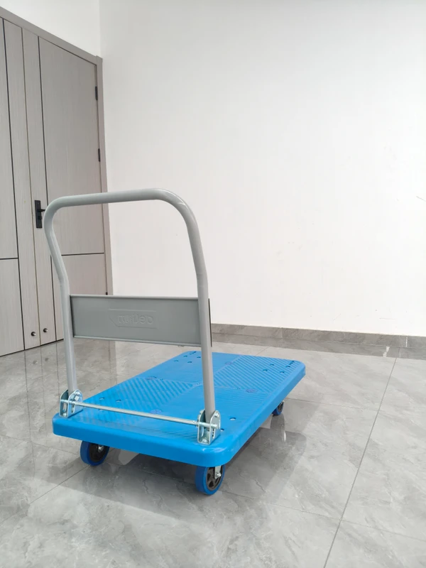 Portable Fold Plastic Hand Trolley Blue Anti Slip Surface Silent Wheel Flat Cart for Logistics Distribution