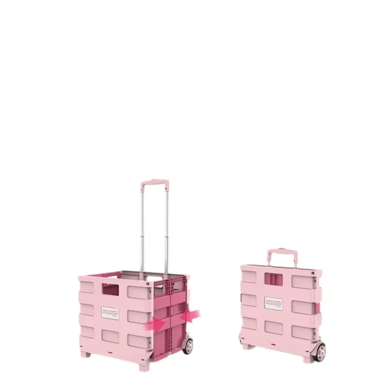 Portable Foldable Grocery Shopping Cart Push Handle PP Plastic Lightweight Movable Trolley for Supermarket