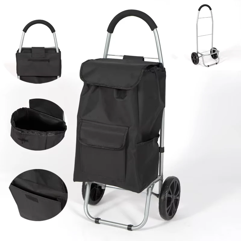 Portable Folding 2 Wheels Metal Carts Customized with Side and Front Pocket Shopping Trolley Bag