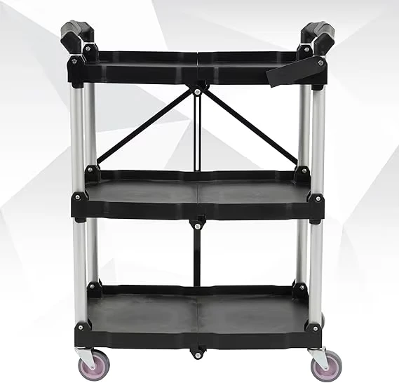 Portable Folding Collapsible Service Cart Foldable Service Cart 3 Tier Collapsible Push Cart Folding Utility Carts with Wheels